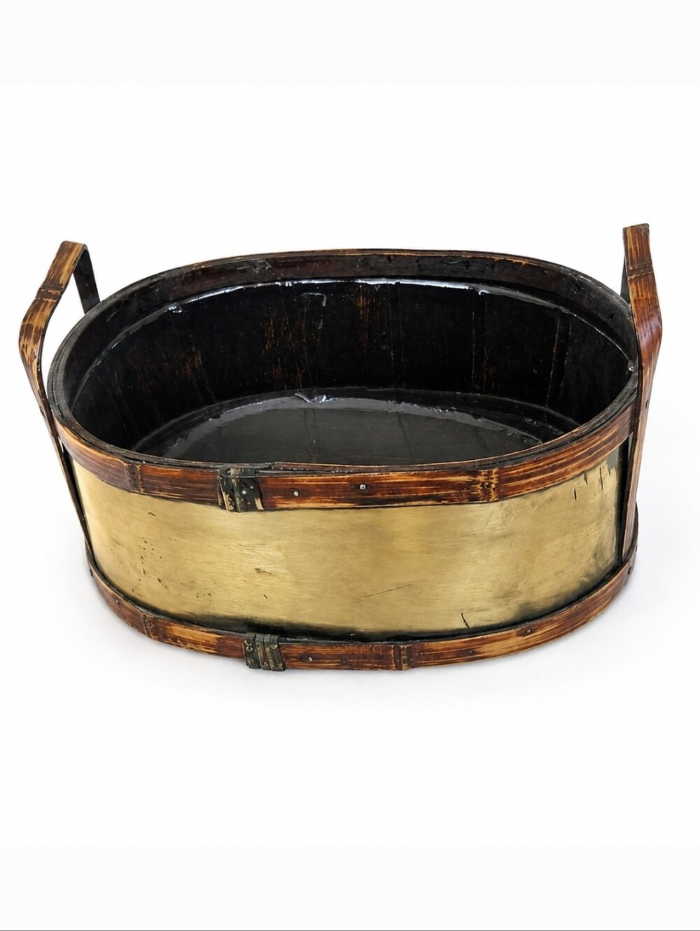 Oval Bamboo & Brass Planter with Handles And Plastic Liner
